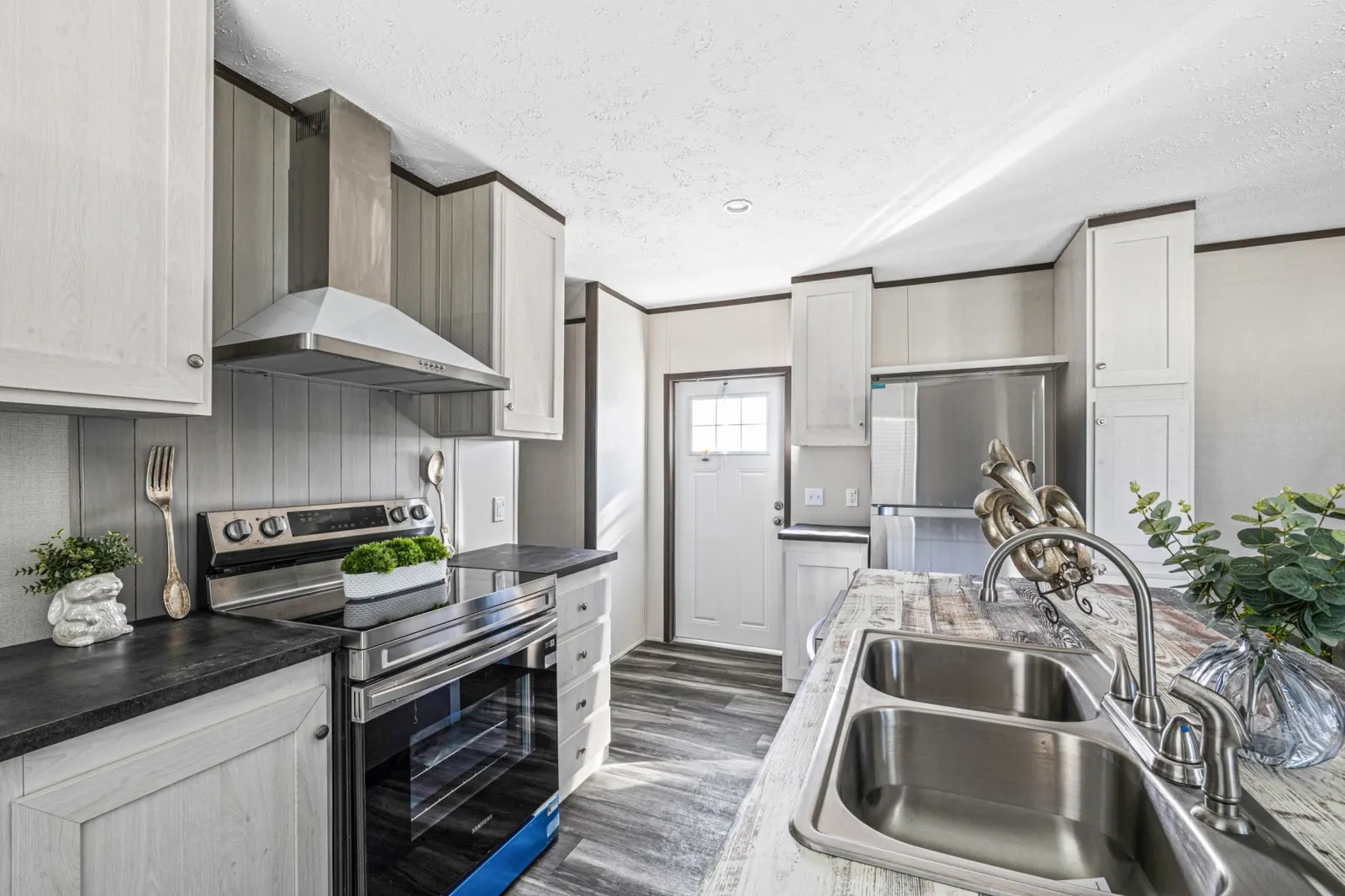 Kitchen with stainless range and vented hood